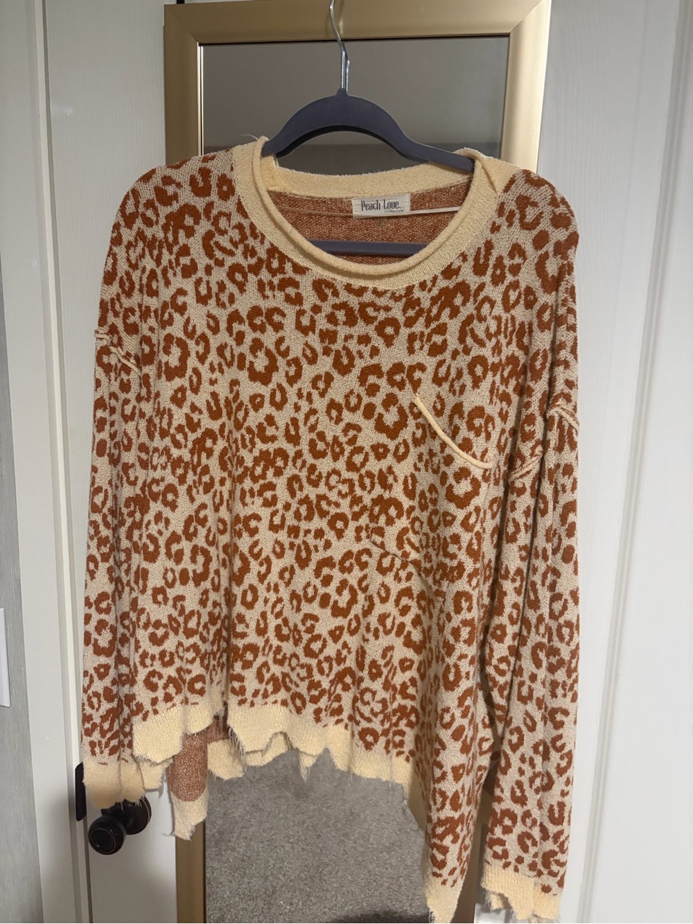Peach Love California Cream and Rust Leopard-Print Crew Sweater